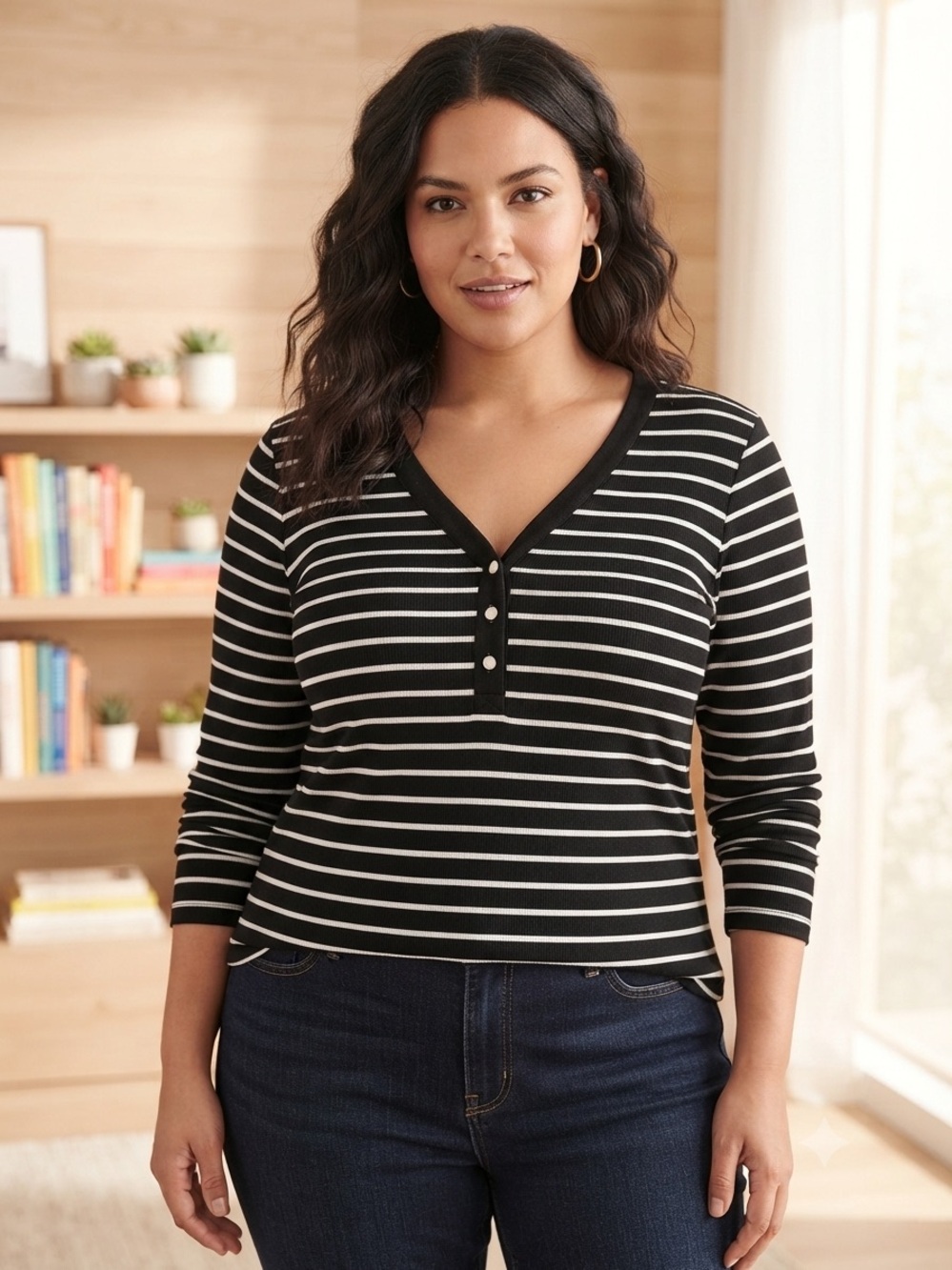 Take 50% OFF-Modern Works Black & White Striped V-Neck Long Sleeve Top, Size-1X